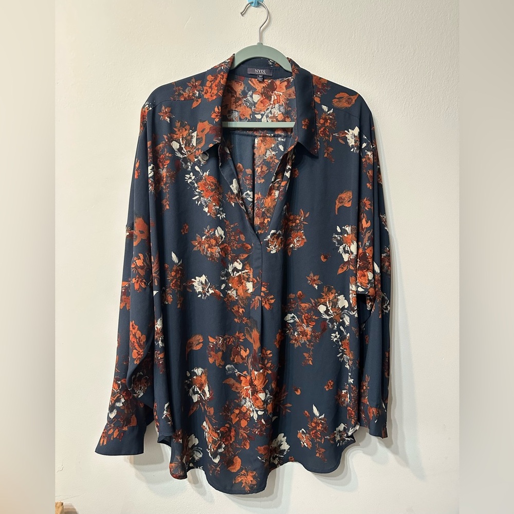 NYDJ Floral Collared Pullover Long Sleeve Blouse Navy Orange Women's Plus 2X